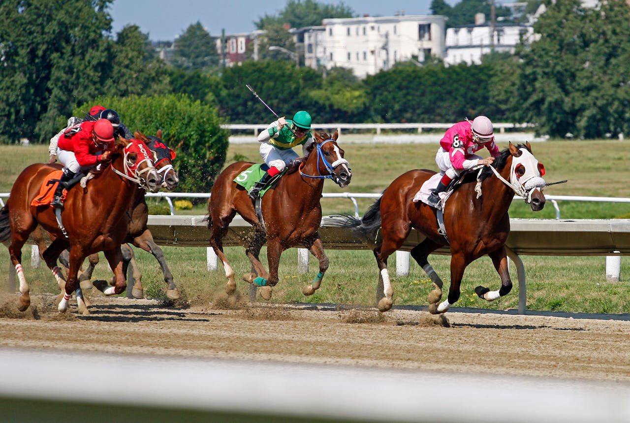 Jockeys racing horses energetically on a sunlit track during an exciting competition.